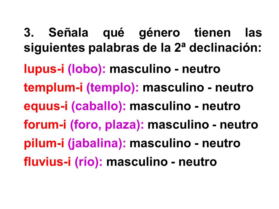 3. Señala qué género tienen las siguientes palabras de la 2ª declinación: