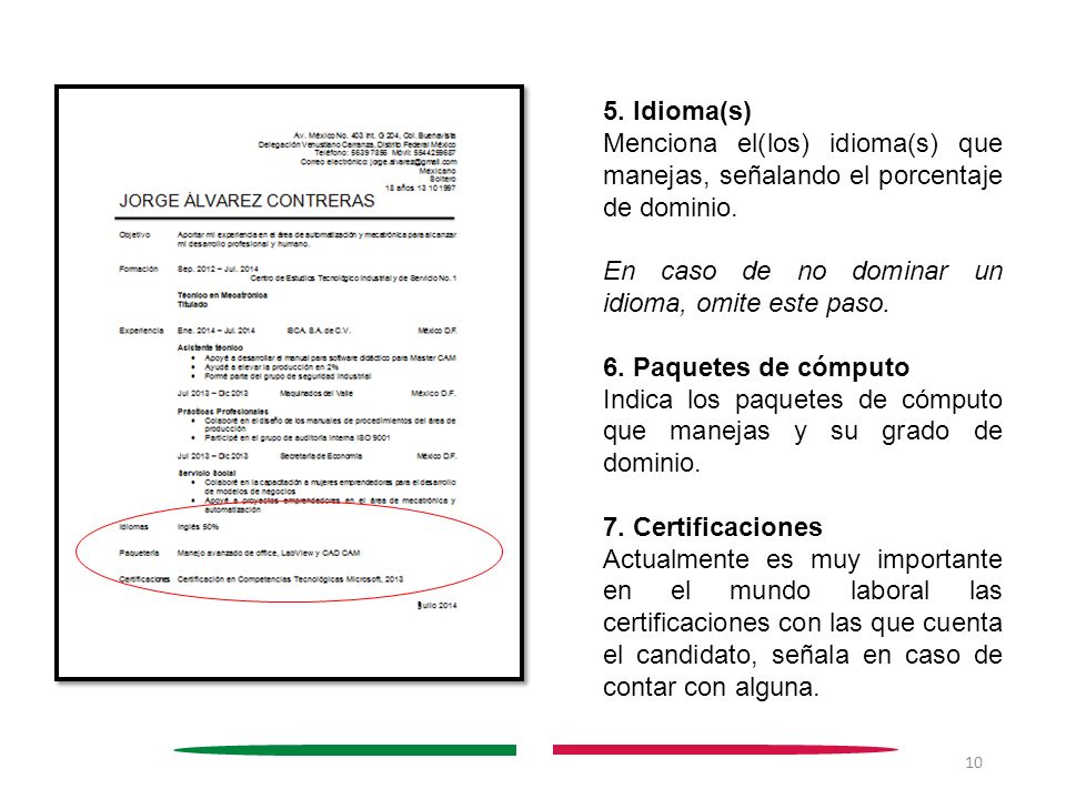 5. Idioma(s) Menciona el(los) idioma(s) que manejas, señalando el porcentaje de dominio. En caso de no dominar un idioma, omite este paso.