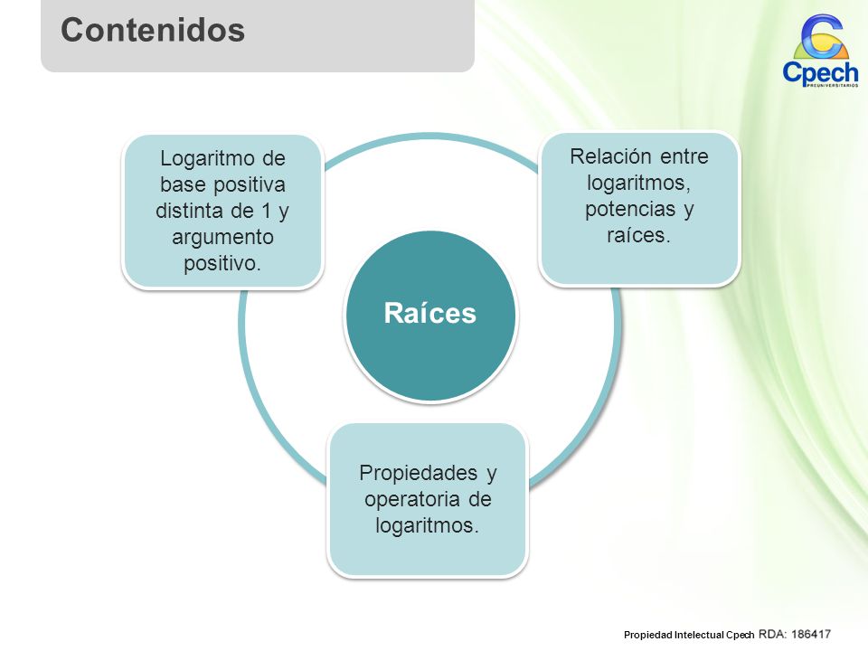 Contenidos Logaritmo de base positiva distinta de 1 y argumento positivo. Relación entre logaritmos, potencias y raíces.