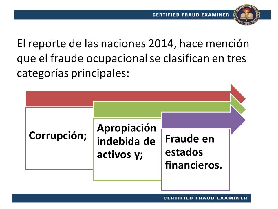 El reporte de las naciones 2014, hace mención que el fraude ocupacional se clasifican en tres categorías principales: