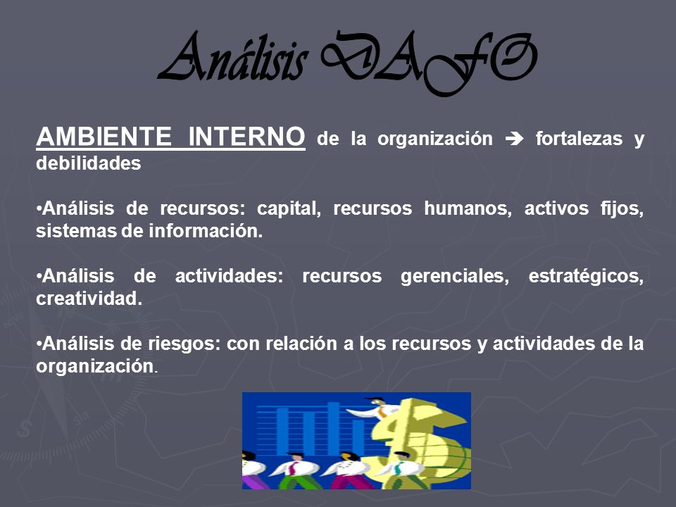Análisis DAFO AMBIENTE INTERNO de la organización  fortalezas y debilidades.