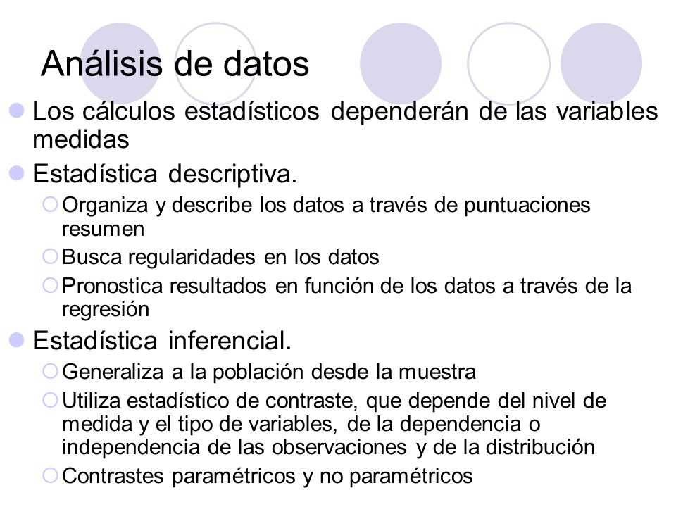 Análisis de datos Los cálculos estadísticos dependerán de las variables medidas. Estadística descriptiva.