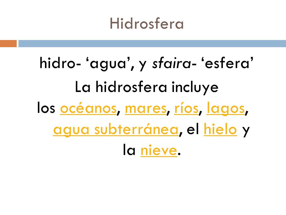 Hidrosfera hidro- ‘agua’, y sfaira- ‘esfera’ La hidrosfera incluye los océanos, mares, ríos, lagos, agua subterránea, el hielo y la nieve.