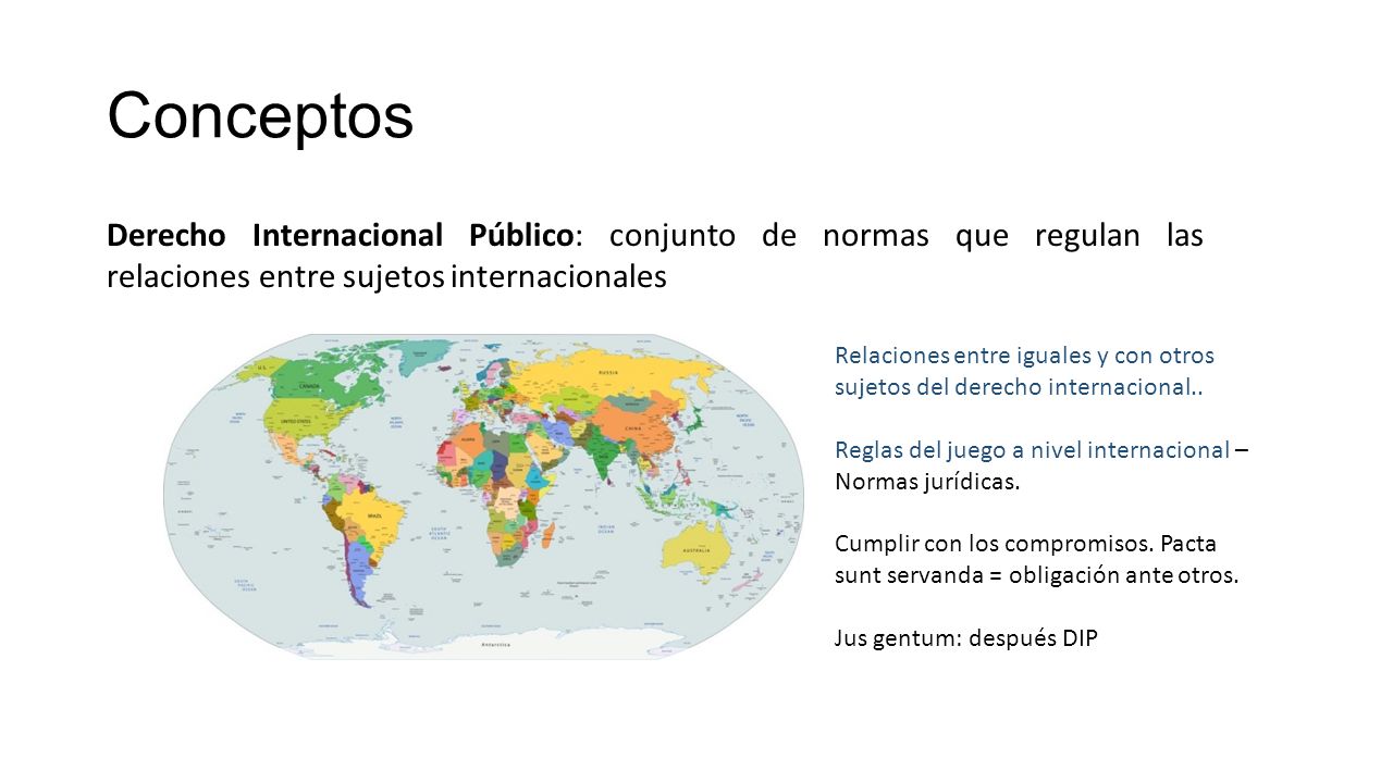 Conceptos Derecho Internacional Público: conjunto de normas que regulan las relaciones entre sujetos internacionales.