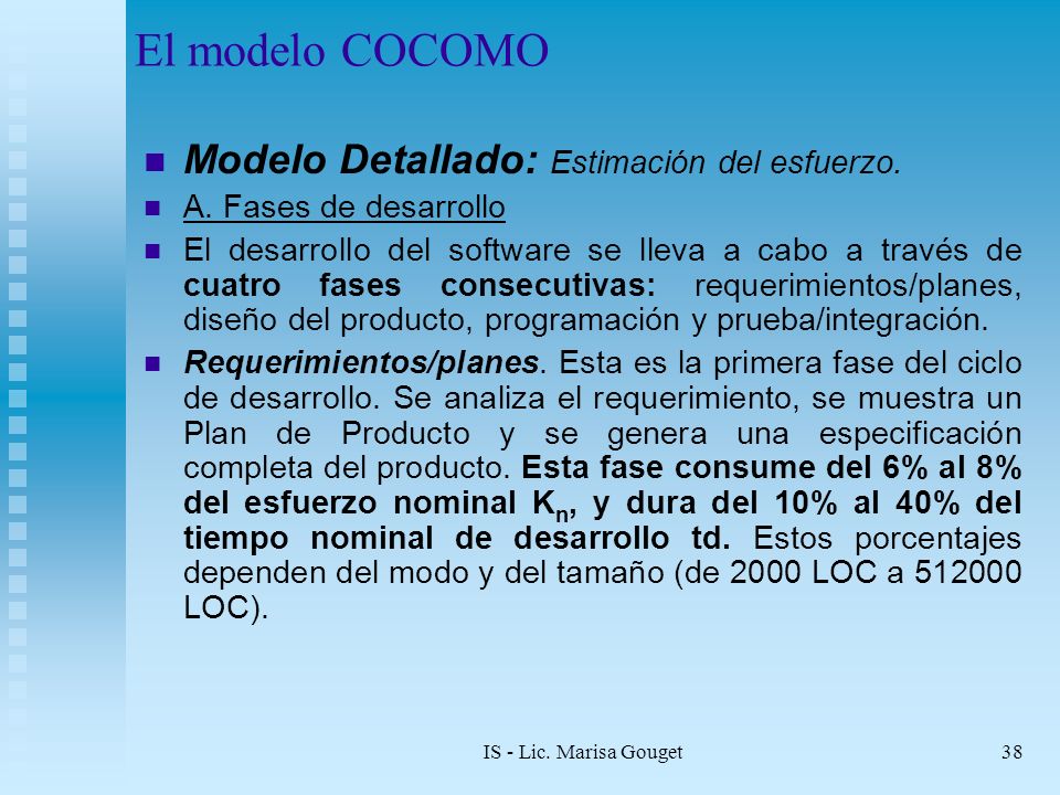 El modelo COCOMO Modelo Detallado: Estimación del esfuerzo.