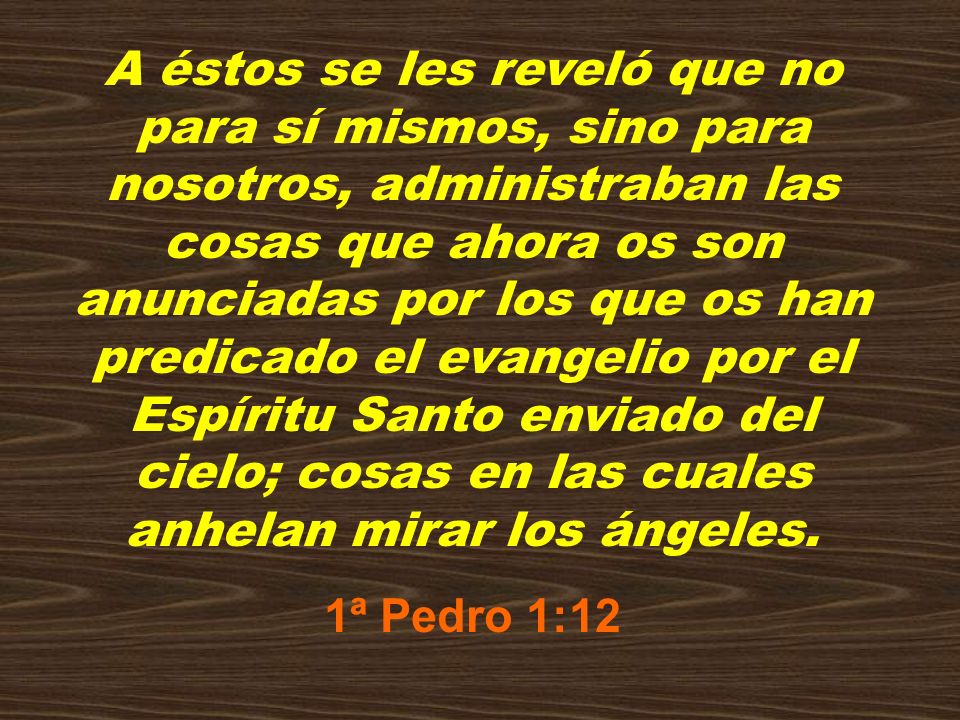 A éstos se les reveló que no para sí mismos, sino para nosotros, administraban las cosas que ahora os son anunciadas por los que os han predicado el evangelio por el Espíritu Santo enviado del cielo; cosas en las cuales anhelan mirar los ángeles.