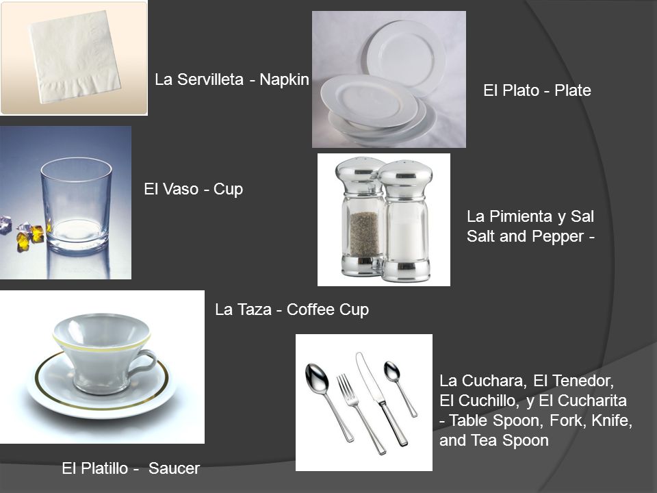 La Servilleta - Napkin El Plato - Plate. El Vaso - Cup. La Pimienta y Sal. Salt and Pepper - La Taza - Coffee Cup.