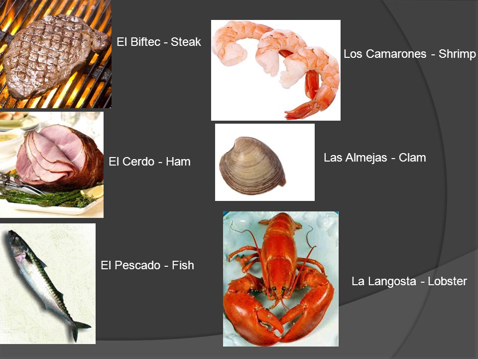 El Biftec - Steak Los Camarones - Shrimp. Las Almejas - Clam. El Cerdo - Ham. El Pescado - Fish.