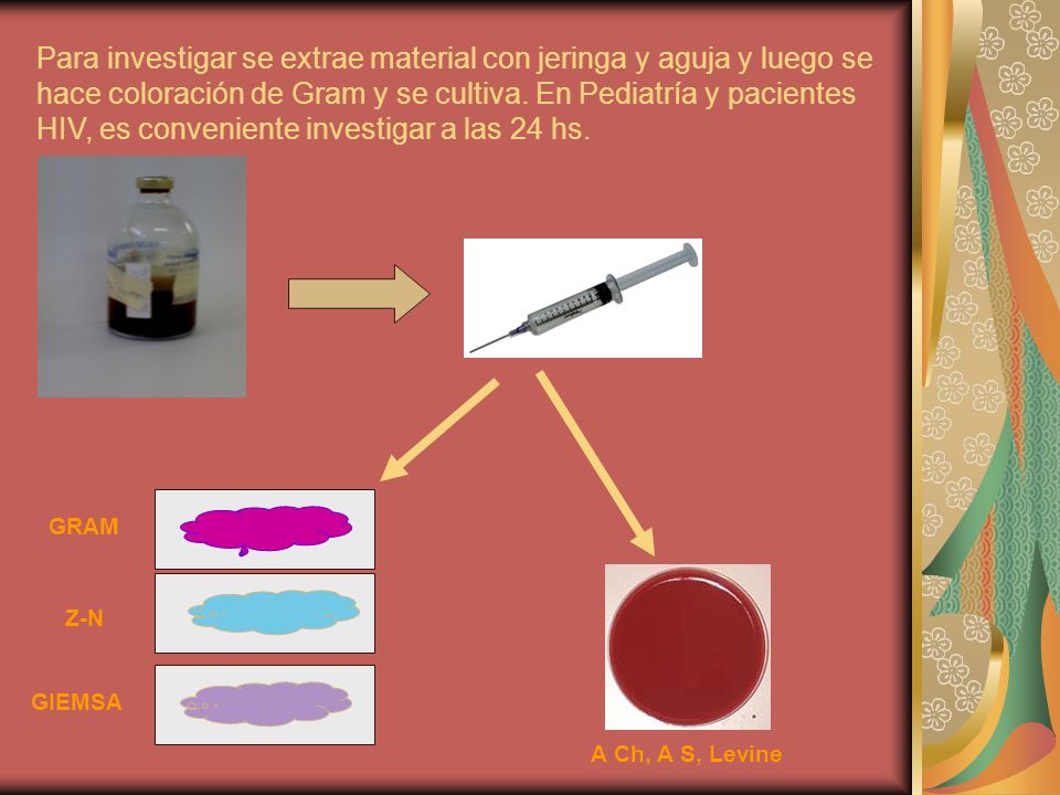 Para investigar se extrae material con jeringa y aguja y luego se hace coloración de Gram y se cultiva. En Pediatría y pacientes HIV, es conveniente investigar a las 24 hs.