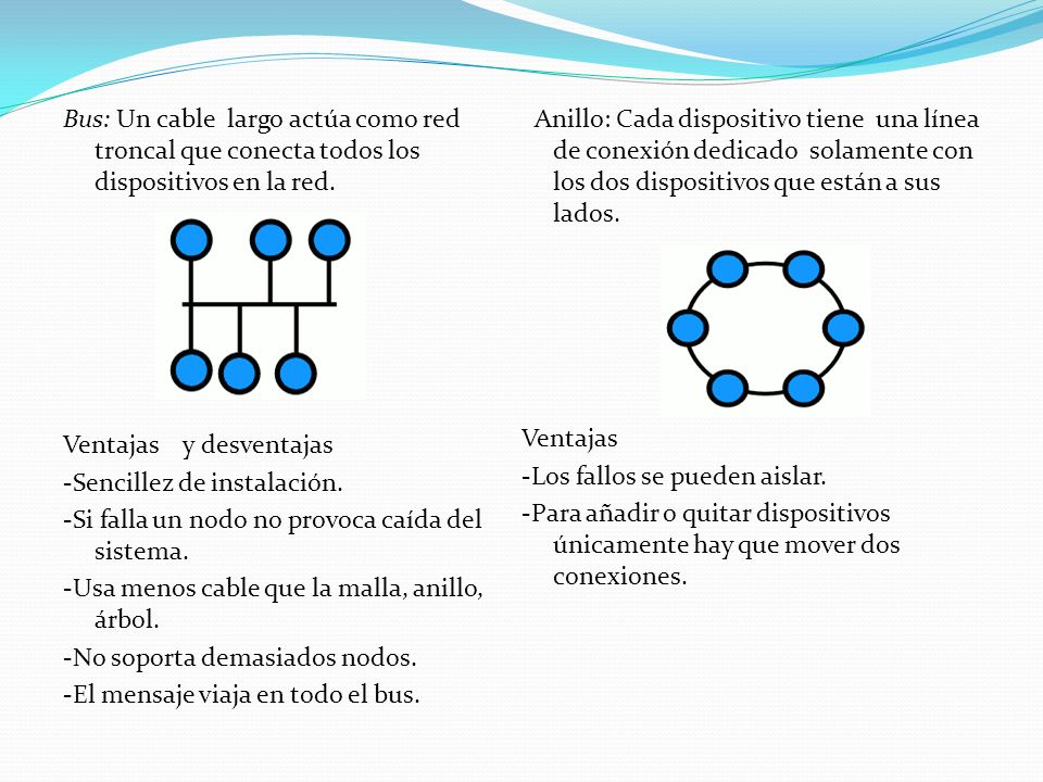 Bus: Un cable largo actúa como red troncal que conecta todos los dispositivos en la red.