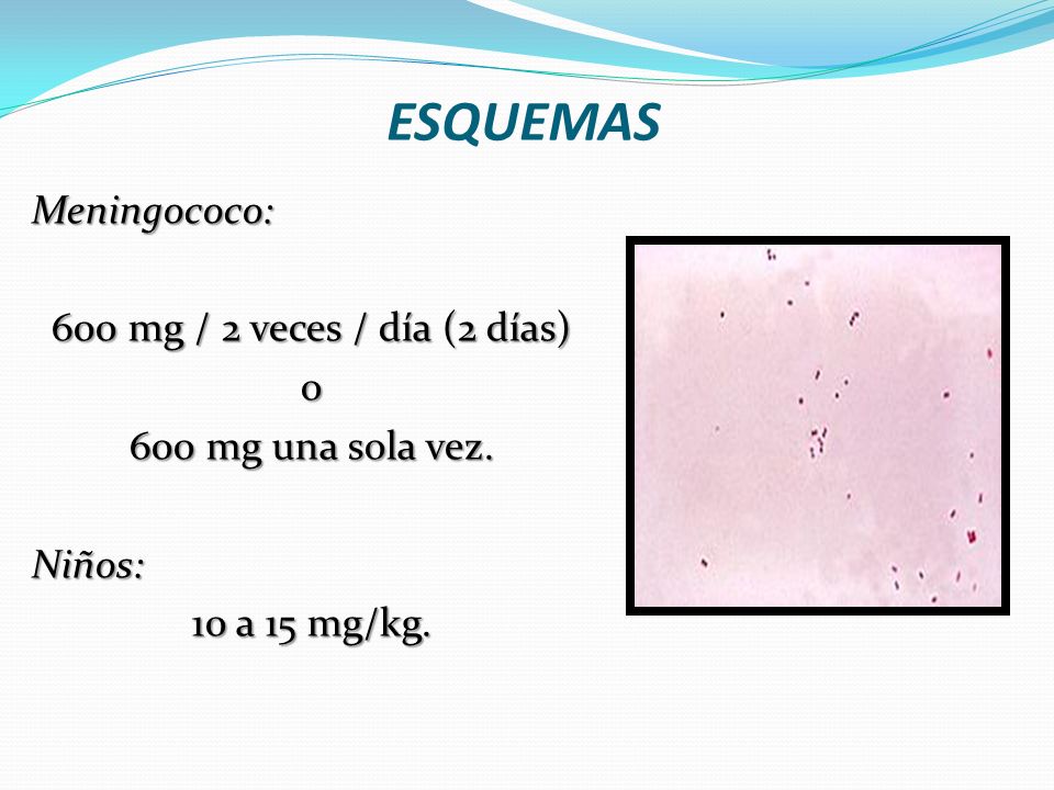 ESQUEMAS Meningococo: 600 mg / 2 veces / día (2 días) o 600 mg una sola vez. Niños: 10 a 15 mg/kg.