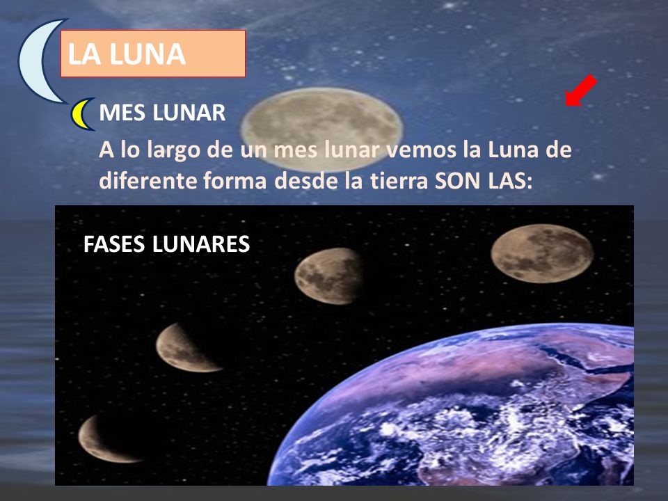 LA LUNA MES LUNAR. A lo largo de un mes lunar vemos la Luna de diferente forma desde la tierra SON LAS:
