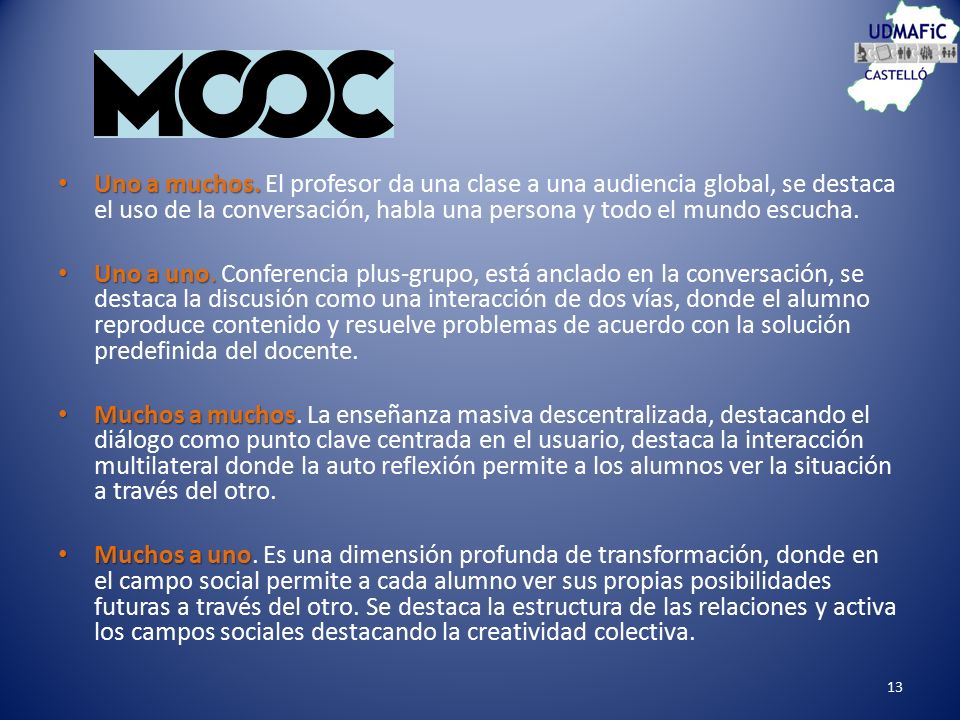Uno a muchos. El profesor da una clase a una audiencia global, se destaca el uso de la conversación, habla una persona y todo el mundo escucha.