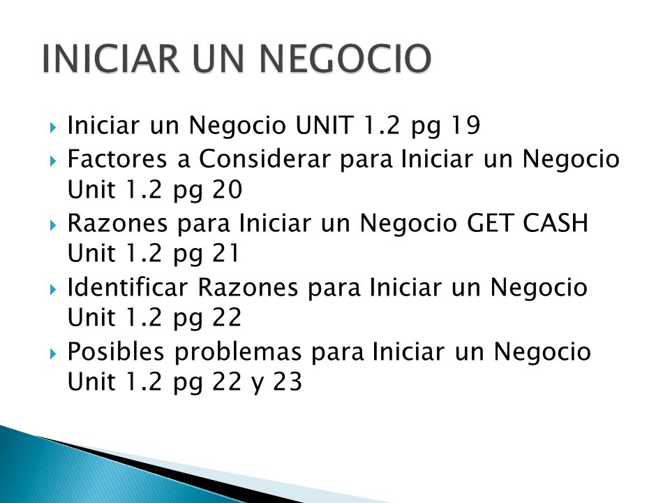 INICIAR UN NEGOCIO Iniciar un Negocio UNIT 1.2 pg 19