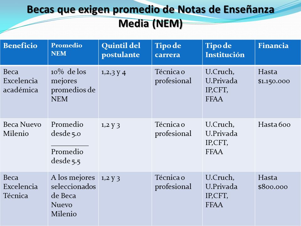 Becas que exigen promedio de Notas de Enseñanza Media (NEM)