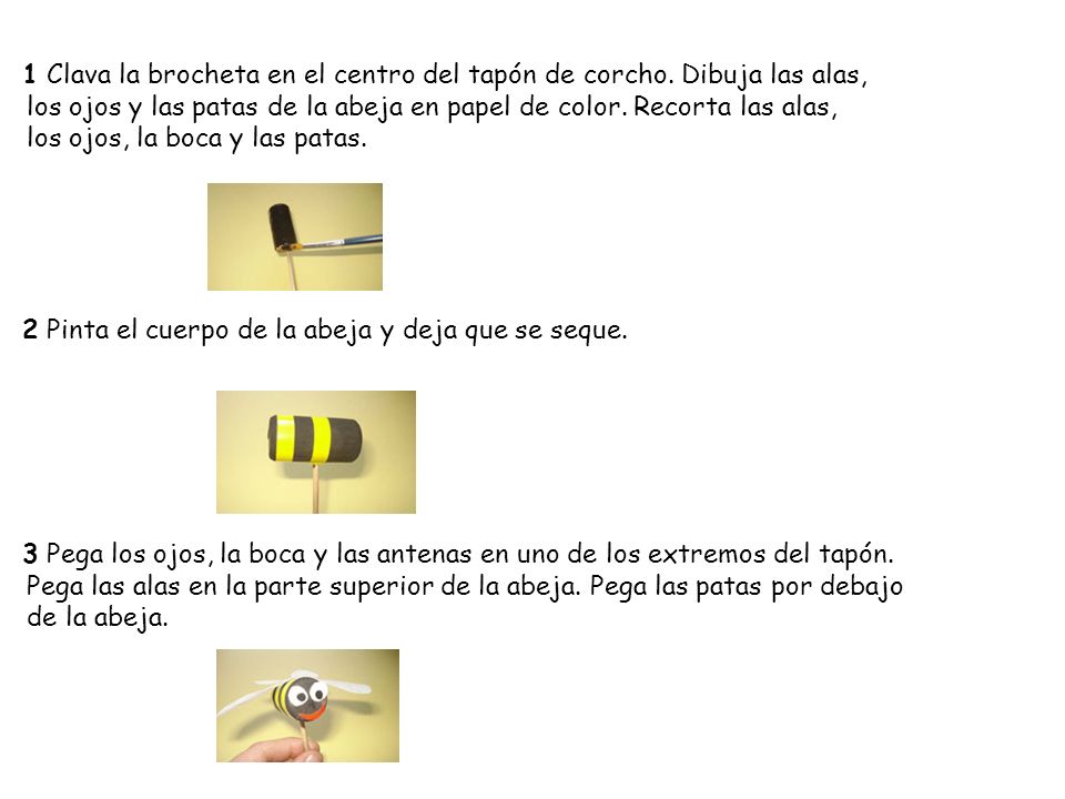 1 Clava la brocheta en el centro del tapón de corcho. Dibuja las alas,