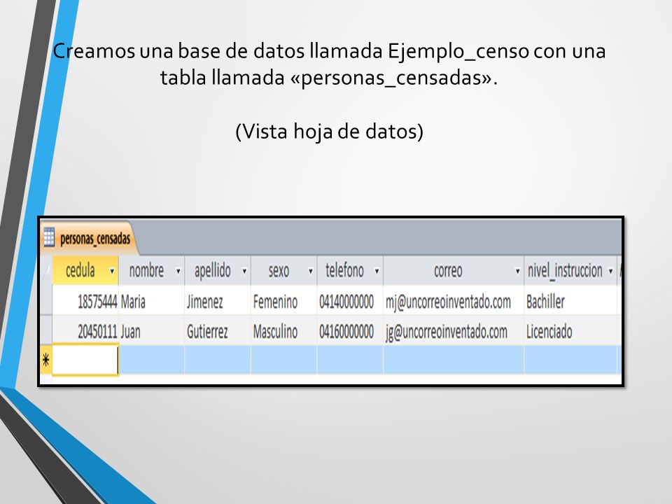 Creamos una base de datos llamada Ejemplo_censo con una tabla llamada «personas_censadas».