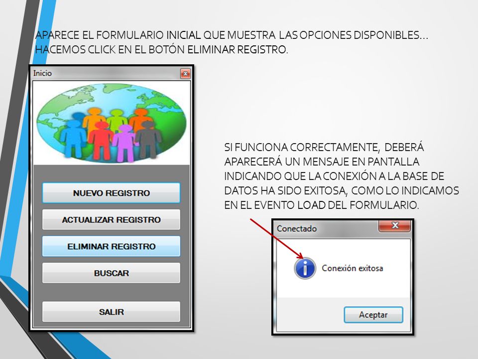 Aparece el formulario inicial que muestra las opciones disponibles… Hacemos click en el botón Eliminar registro.