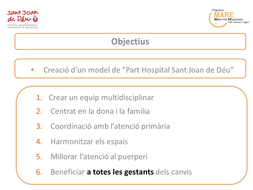 Objectius Creació d’un model de Part Hospital Sant Joan de Déu
