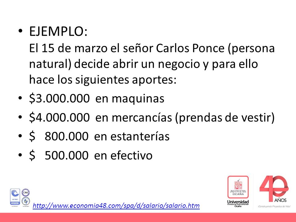 EJEMPLO: El 15 de marzo el señor Carlos Ponce (persona natural) decide abrir un negocio y para ello hace los siguientes aportes: