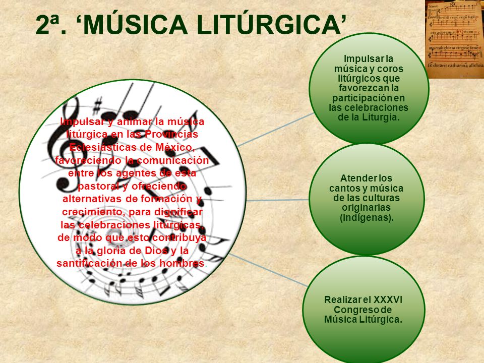 2ª. ‘MÚSICA LITÚRGICA’ Impulsar la música y coros litúrgicos que favorezcan la participación en las celebraciones de la Liturgia.