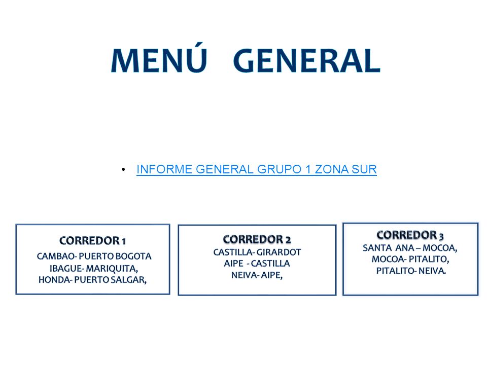 MENÚ GENERAL INFORME GENERAL GRUPO 1 ZONA SUR CORREDOR 3 CORREDOR 1
