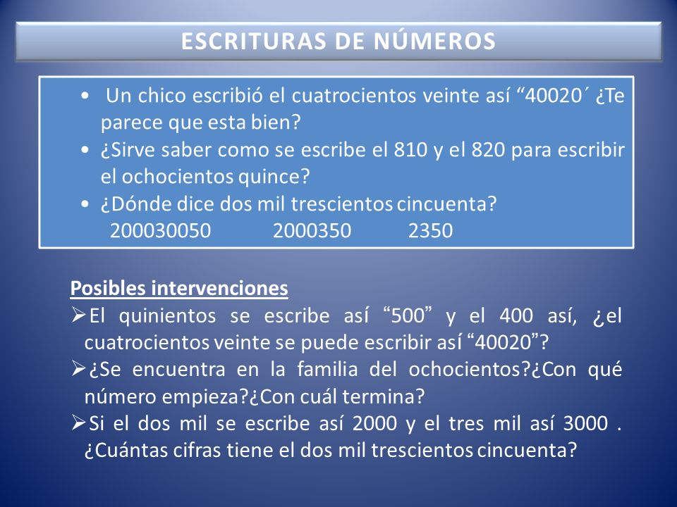 ESCRITURAS DE NÚMEROS Un chico escribió el cuatrocientos veinte así 40020´ ¿Te parece que esta bien