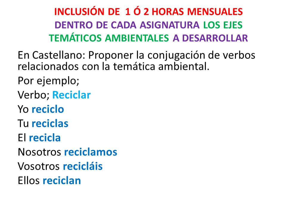 INCLUSIÓN DE 1 Ó 2 HORAS MENSUALES DENTRO DE CADA ASIGNATURA LOS EJES TEMÁTICOS AMBIENTALES A DESARROLLAR