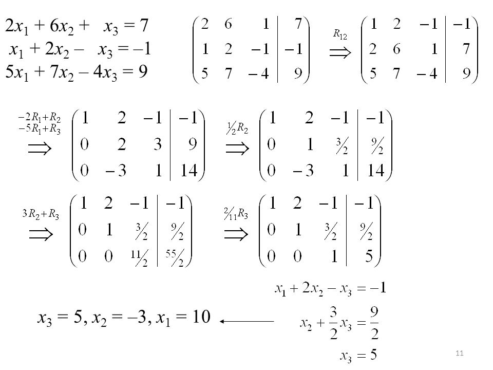 2x1 + 6x2 + x3 = 7 x1 + 2x2 – x3 = –1 5x1 + 7x2 – 4x3 = 9 x3 = 5, x2 = –3, x1 = 10