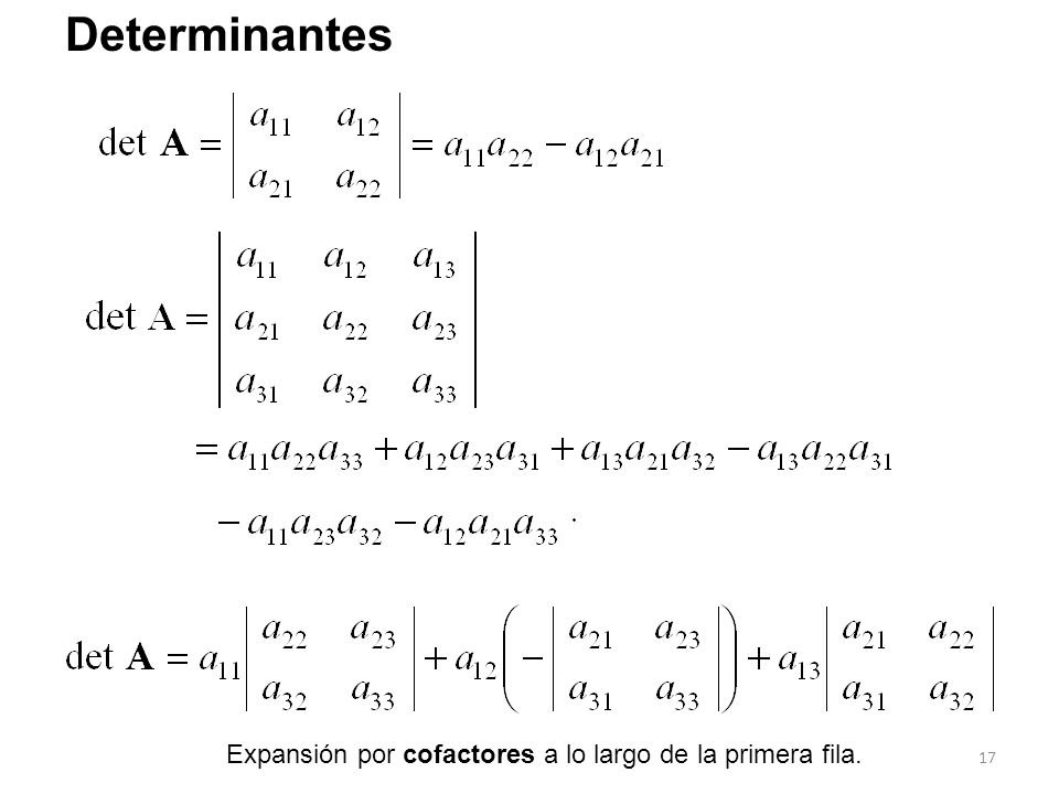 Determinantes Expansión por cofactores a lo largo de la primera fila.