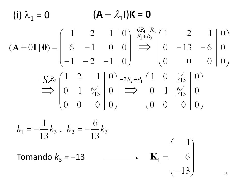 (i) 1 = 0 (A – 1I)K = 0 Tomando k3 = −13