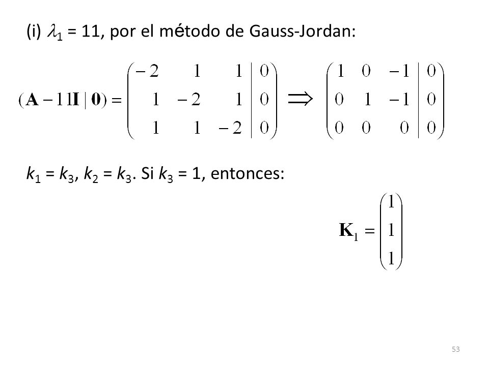 (i) 1 = 11, por el método de Gauss-Jordan: