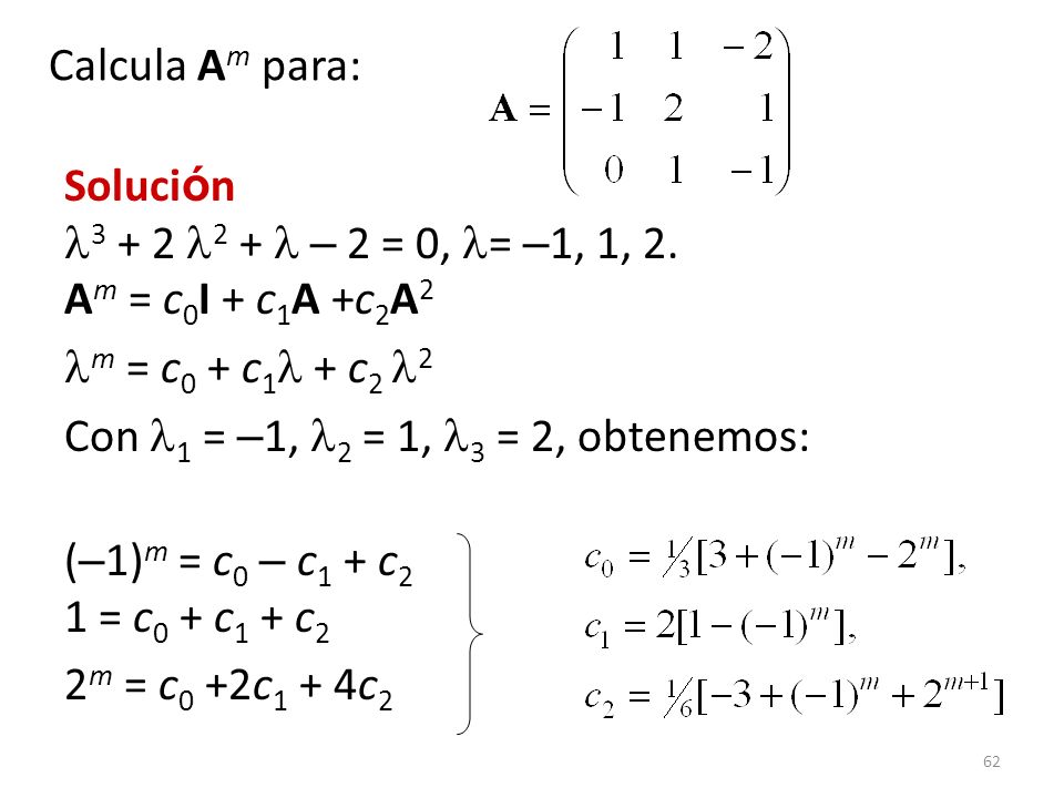 Calcula Am para: Solución 3 + 2 2 +  – 2 = 0, = –1, 1, 2. Am = c0I + c1A +c2A2. m = c0 + c1 + c2 2.