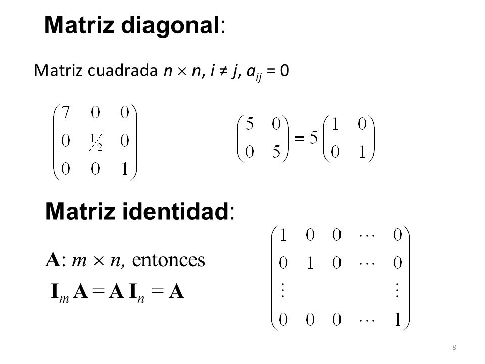 Matriz diagonal: Matriz identidad: A: m  n, entonces Im A = A In = A