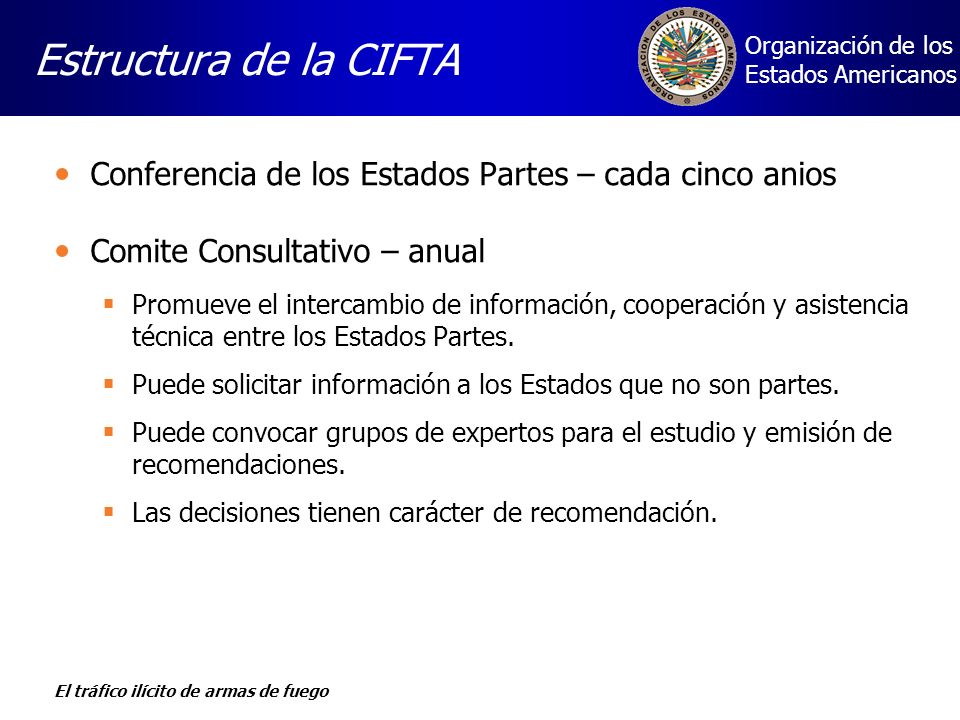 Estructura de la CIFTA Conferencia de los Estados Partes – cada cinco anios. Comite Consultativo – anual.