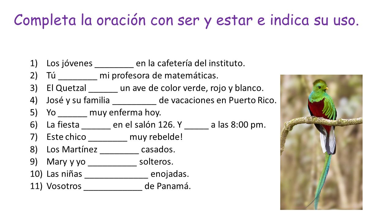 Completa la oración con ser y estar e indica su uso.