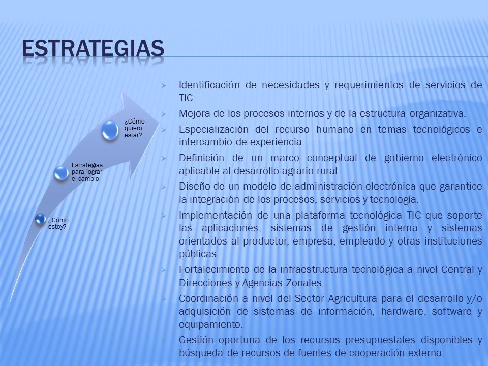 Estrategias Identificación de necesidades y requerimientos de servicios de TIC. Mejora de los procesos internos y de la estructura organizativa.