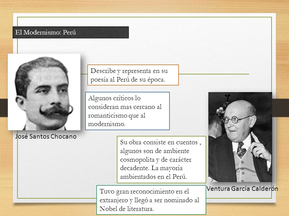 El Modernismo: Perú Describe y representa en su poesía al Perú de su época.
