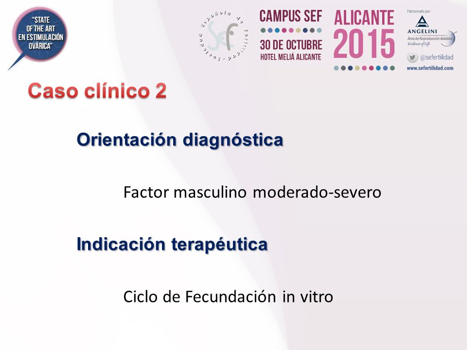 Caso clínico 2 Orientación diagnóstica Factor masculino moderado-severo Indicación terapéutica Ciclo de Fecundación in vitro