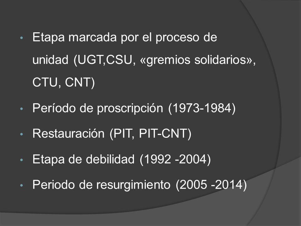 Etapa marcada por el proceso de unidad (UGT,CSU, «gremios solidarios», CTU, CNT)