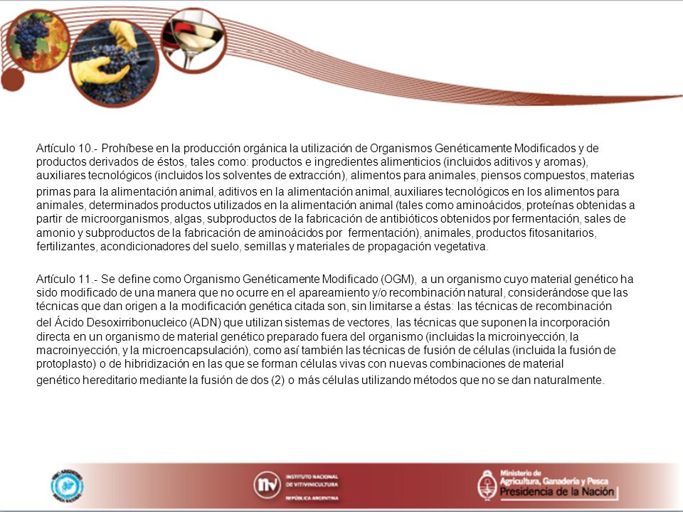 Artículo 10.- Prohíbese en la producción orgánica la utilización de Organismos Genéticamente Modificados y de productos derivados de éstos, tales como: productos e ingredientes alimenticios (incluidos aditivos y aromas), auxiliares tecnológicos (incluidos los solventes de extracción), alimentos para animales, piensos compuestos, materias