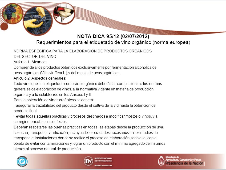 NOTA DICA 95/12 (02/07/2012) Requerimientos para el etiquetado de vino orgánico (norma europea)