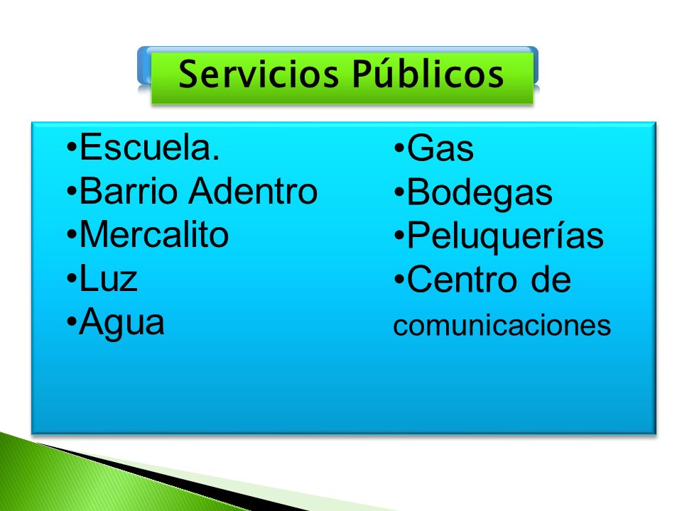 Servicios Públicos Escuela. Barrio Adentro. Mercalito. Luz. Agua. Gas. Bodegas. Peluquerías.