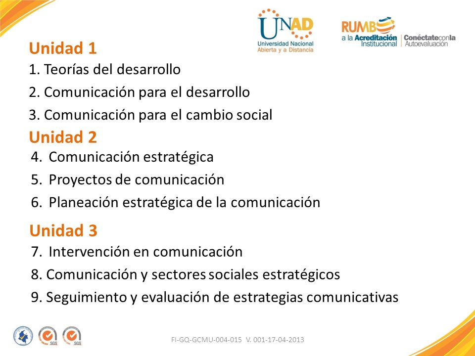 Unidad 1 1. Teorías del desarrollo 2. Comunicación para el desarrollo 3. Comunicación para el cambio social