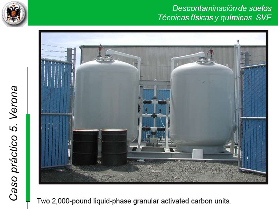 Para el tratamiento de los gases extraídos se instaló un sistema de adsorción por carbón, consistente en dos series de cuatro recipientes de 450 kg de carbón granulado. Este sistema se eligió en base a las bajas concentraciones de VOCs arrastradas en el ensayo piloto. Si embargo en la remediación se encontró unas concentraciones mucho más altas del orden de 25 veces lo que provocaba que los bidones de carbón debían ser regenerados con mucha frecuencia. Por esto el equipo de adsorción por carbón fue reemplazado a los dos años por un sistema de oxidación catalítica muy efectivo pero de más alto costo. En las fases finales (cuatro últimos meses), cuando ya el arrastre de los gases era de baja concentración se volvió a instalar el primitivo sistema de adsorción por carbón.