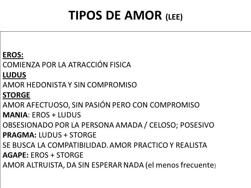 TIPOS DE AMOR (LEE) EROS: COMIENZA POR LA ATRACCIÓN FISICA LUDUS