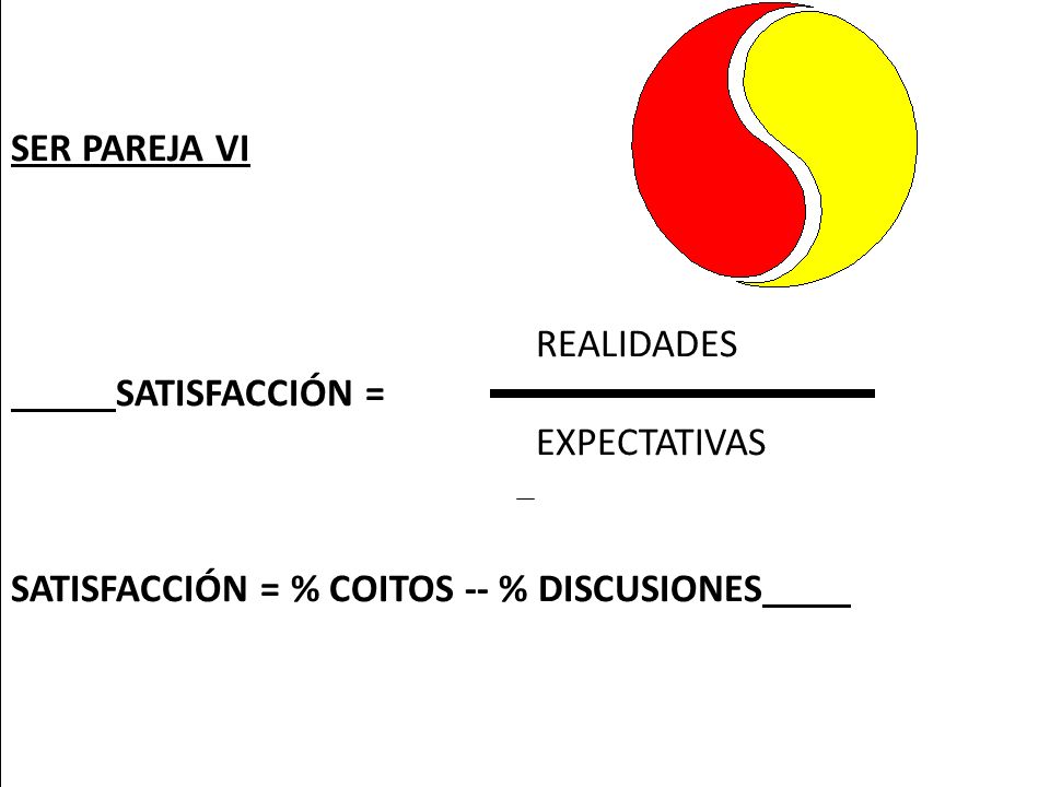 SER PAREJA VI REALIDADES SATISFACCIÓN = EXPECTATIVAS SATISFACCIÓN = % COITOS -- % DISCUSIONES