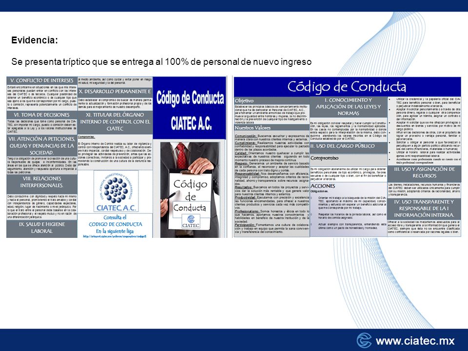 Evidencia: Se presenta tríptico que se entrega al 100% de personal de nuevo ingreso