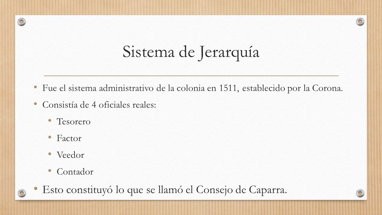 Sistema de Jerarquía Fue el sistema administrativo de la colonia en 1511, establecido por la Corona.
