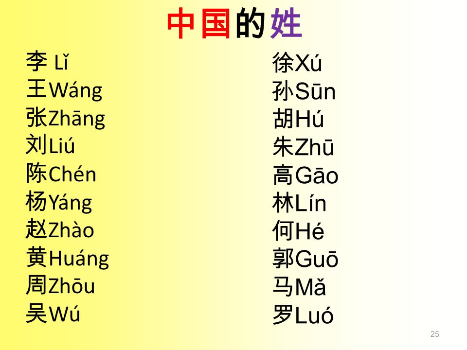 中国的姓 徐Xú 李 Lǐ 王Wáng 孙Sūn 张Zhāng 胡Hú 刘Liú 朱Zhū 陈Chén 高Gāo 杨Yáng 林Lín